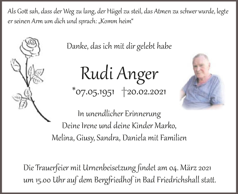  Traueranzeige für Rudi Anger vom 27.02.2021 aus GESAMT