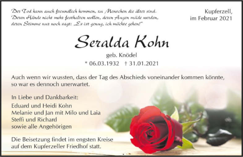  Traueranzeige für Seralda Kohn vom 03.02.2021 aus GESAMT