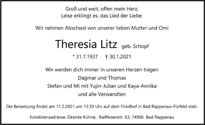  Traueranzeige für Theresia Litz vom 02.02.2021 aus GESAMT