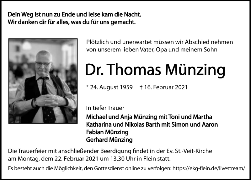  Traueranzeige für Thomas Münzing vom 20.02.2021 aus GESAMT