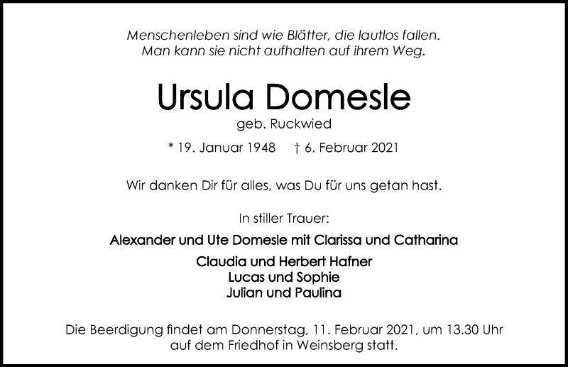  Traueranzeige für Ursula Domesle vom 09.02.2021 aus GESAMT