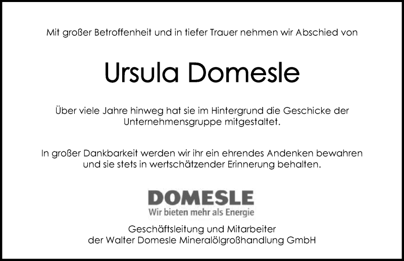  Traueranzeige für Ursula Domesle vom 09.02.2021 aus GESAMT