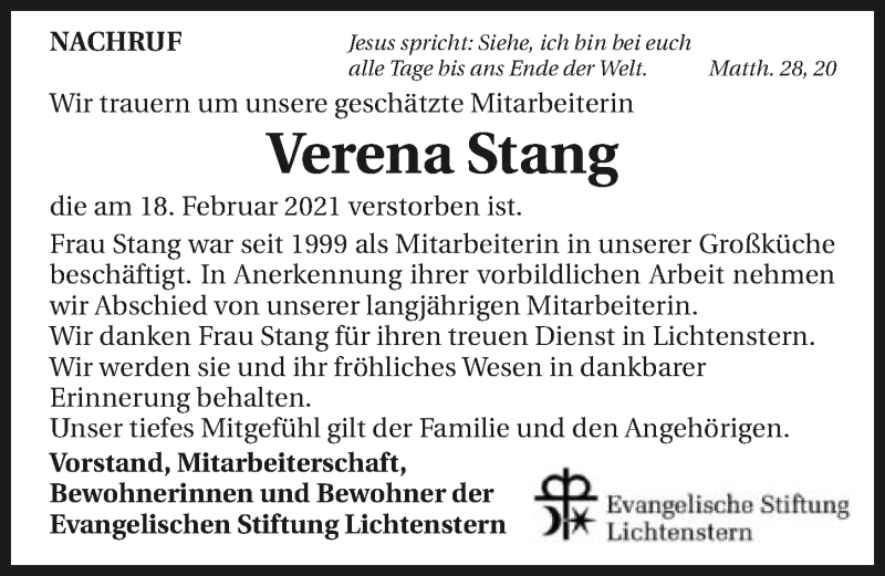  Traueranzeige für Verena Stang vom 24.02.2021 aus GESAMT