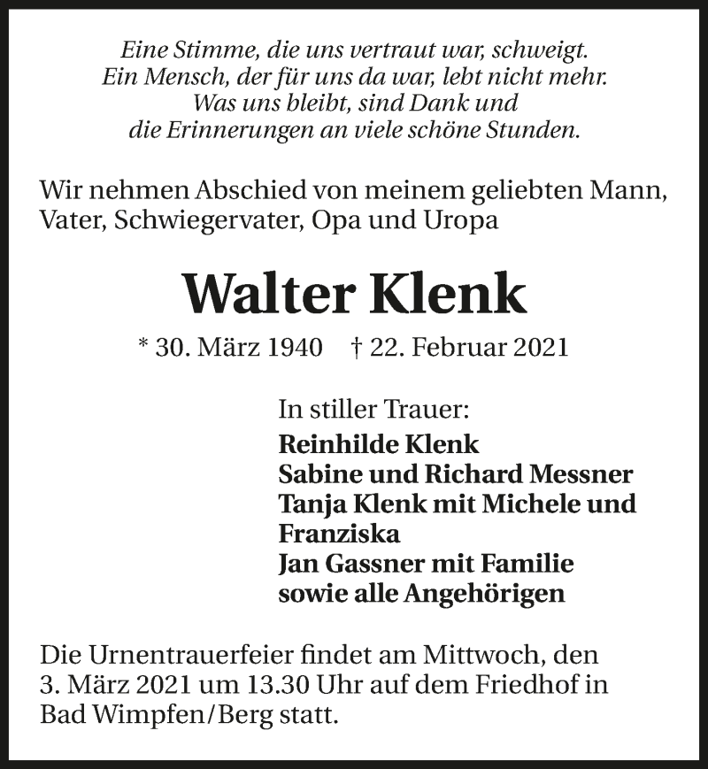  Traueranzeige für Walter Klenk vom 27.02.2021 aus GESAMT