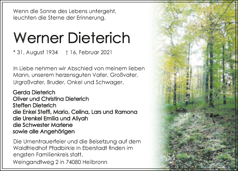  Traueranzeige für Werner Dieterich vom 20.02.2021 aus GESAMT
