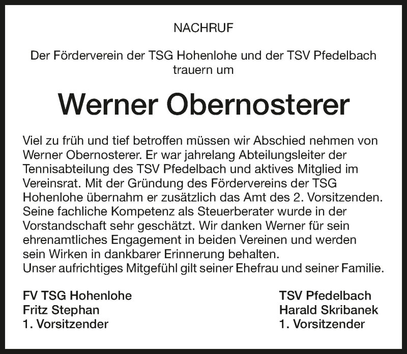  Traueranzeige für Werner Obernosterer vom 02.02.2021 aus GESAMT