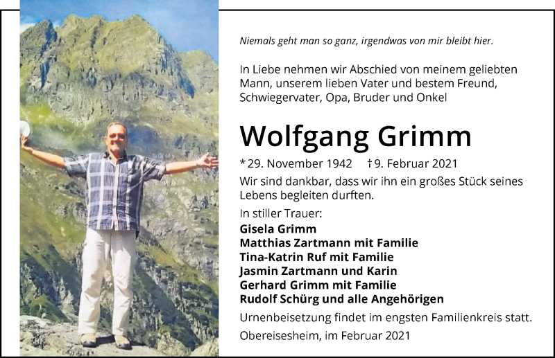  Traueranzeige für Wolfgang Grimm Grimm vom 16.02.2021 aus GESAMT