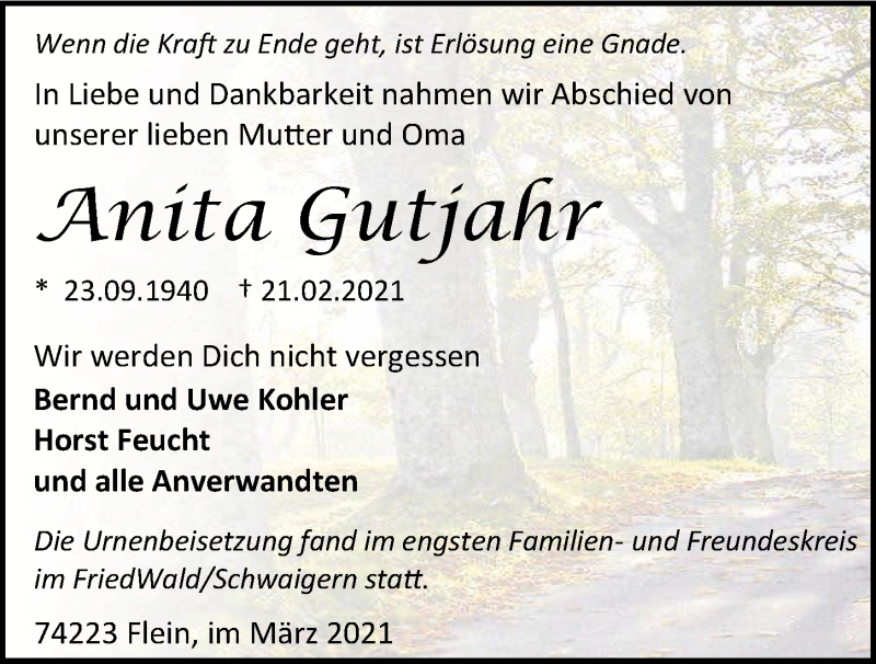  Traueranzeige für Anita Gutjahr vom 13.03.2021 aus GESAMT