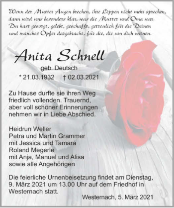 Traueranzeige von Anita Schnell von GESAMT