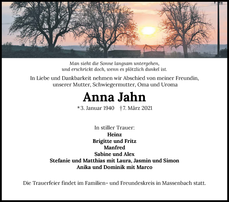  Traueranzeige für Anna Jahn vom 20.03.2021 aus GESAMT