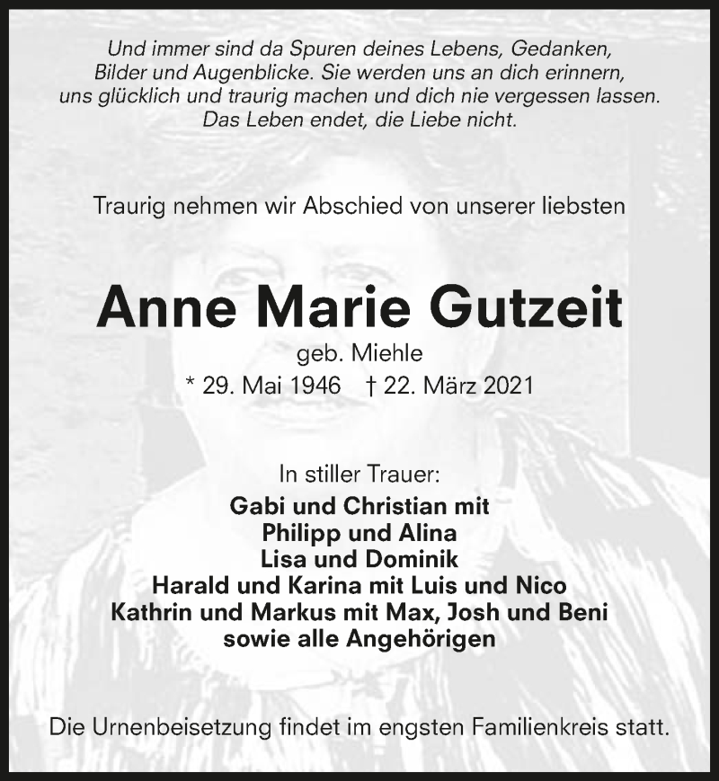  Traueranzeige für Anne Marie Gutzeit vom 27.03.2021 aus GESAMT