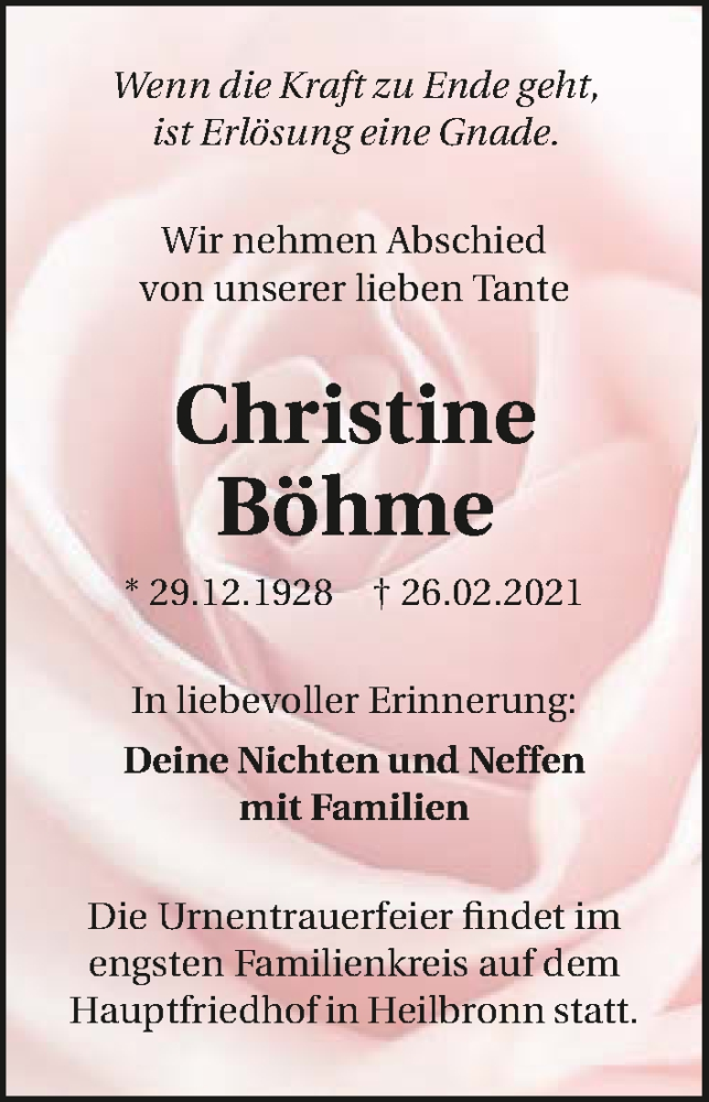  Traueranzeige für Christine Böhme vom 06.03.2021 aus GESAMT