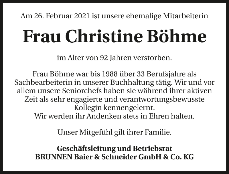  Traueranzeige für Christine Böhme vom 06.03.2021 aus GESAMT