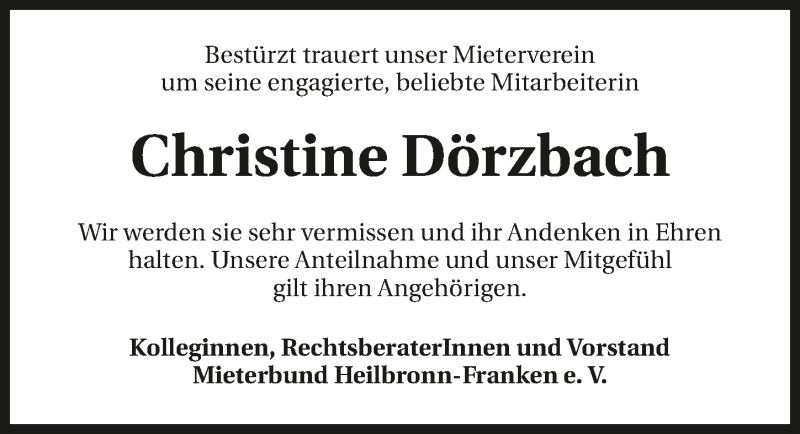  Traueranzeige für Christine Dörzbach vom 17.03.2021 aus GESAMT