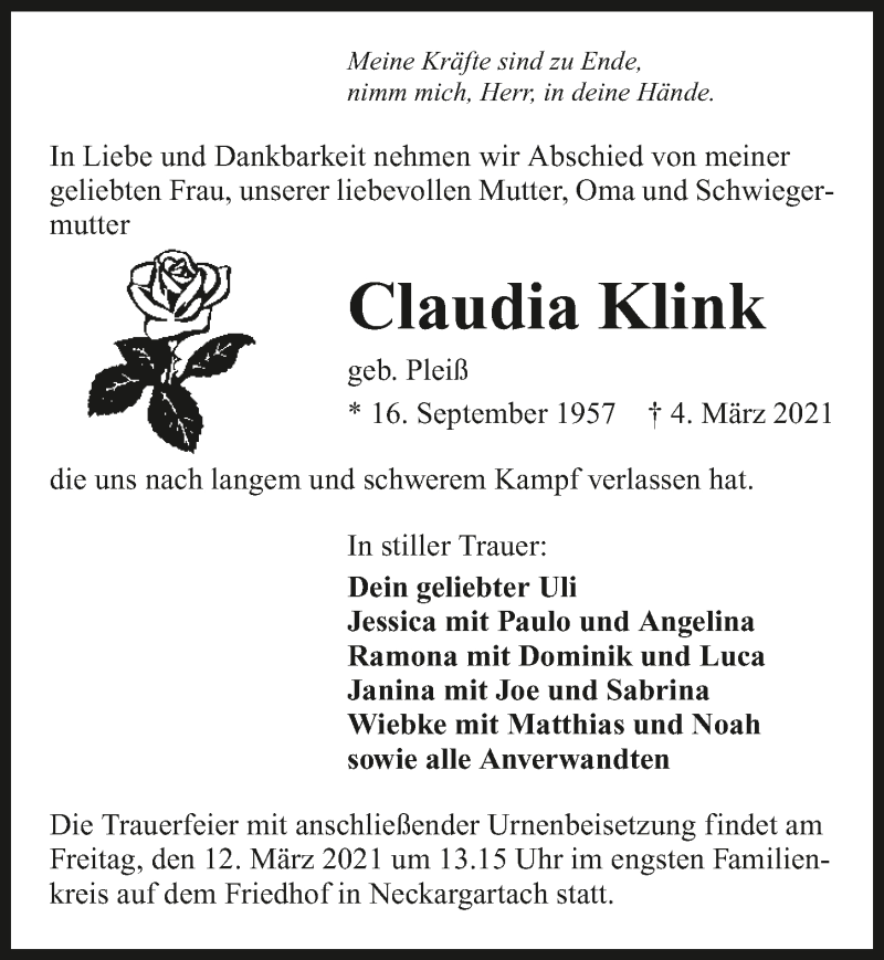  Traueranzeige für Claudia Klink vom 09.03.2021 aus GESAMT