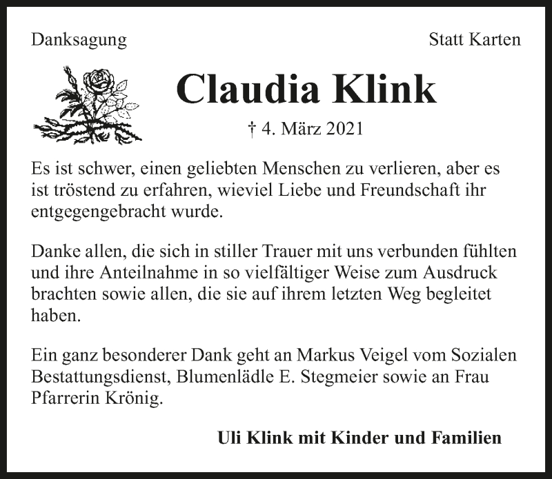  Traueranzeige für Claudia Klink vom 19.03.2021 aus GESAMT