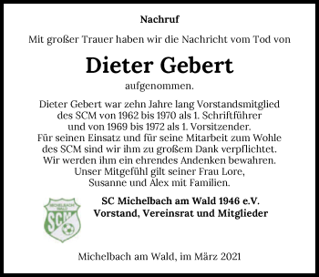 Traueranzeige von Dieter Gebert von GESAMT