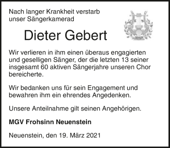 Traueranzeige von Dieter Gebert von GESAMT