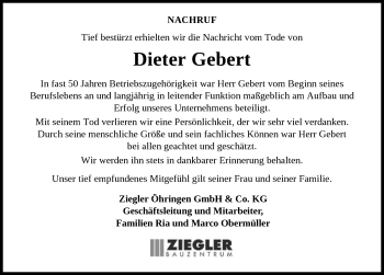 Traueranzeige von Dieter Gebert von GESAMT