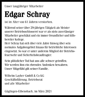 Traueranzeige von Edgar Schray von GESAMT