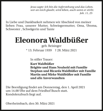 Traueranzeige von Eleonora Waldbüßer von GESAMT
