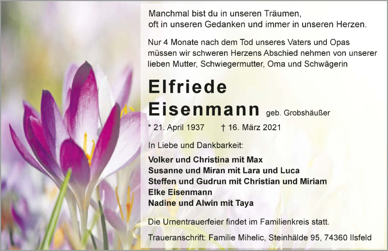  Traueranzeige für Elfriede Eisenmann vom 20.03.2021 aus GESAMT