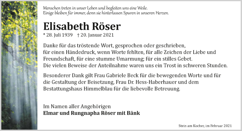  Traueranzeige für Elisabeth Röser vom 06.03.2021 aus GESAMT