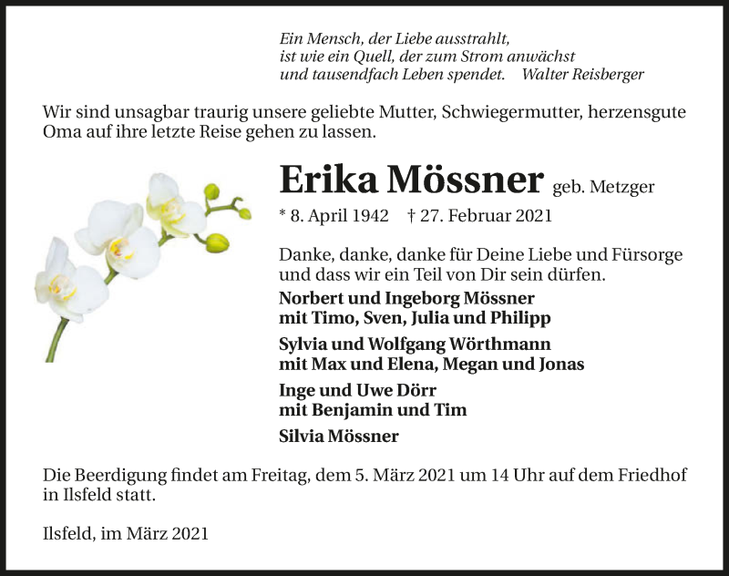  Traueranzeige für Erika Mössner vom 03.03.2021 aus GESAMT