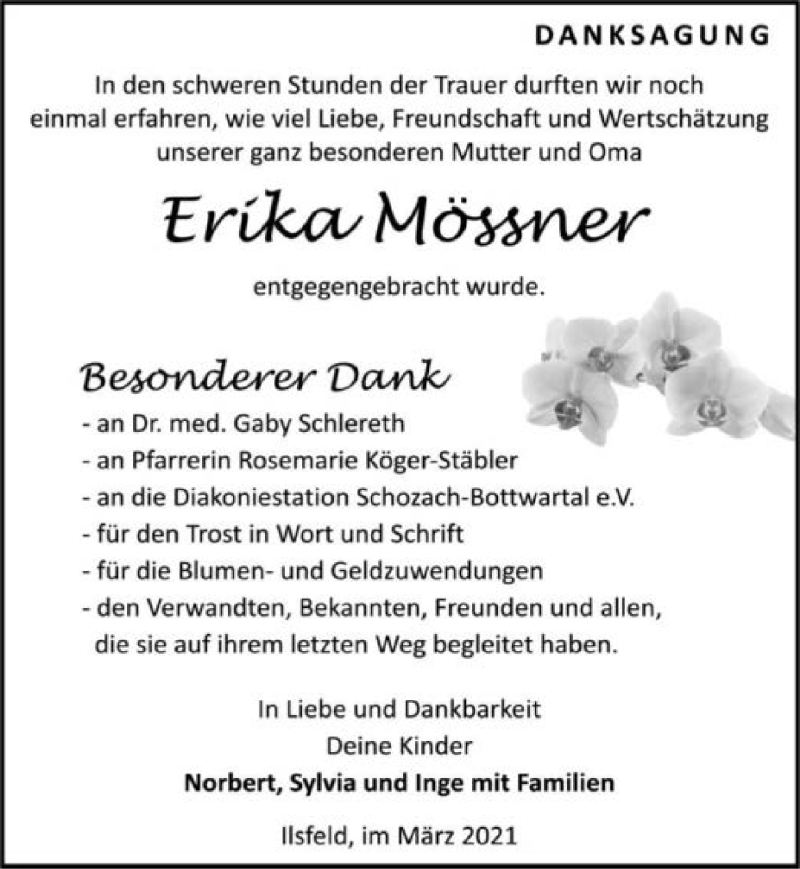  Traueranzeige für Erika Mössner vom 20.03.2021 aus GESAMT
