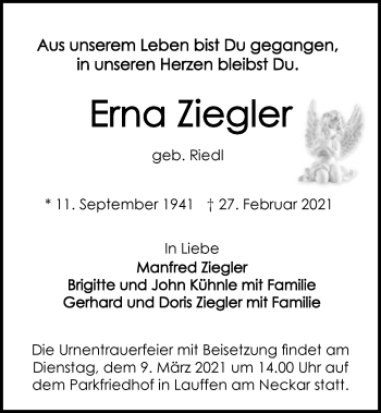 Traueranzeige von Erna Ziegler von GESAMT