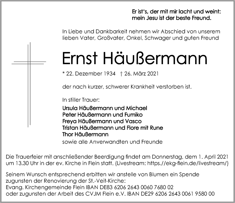 Traueranzeige für Ernst Häußermann vom 30.03.2021 aus GESAMT