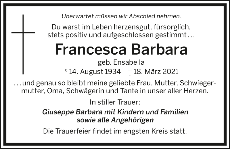  Traueranzeige für Francesca Barbara vom 24.03.2021 aus GESAMT