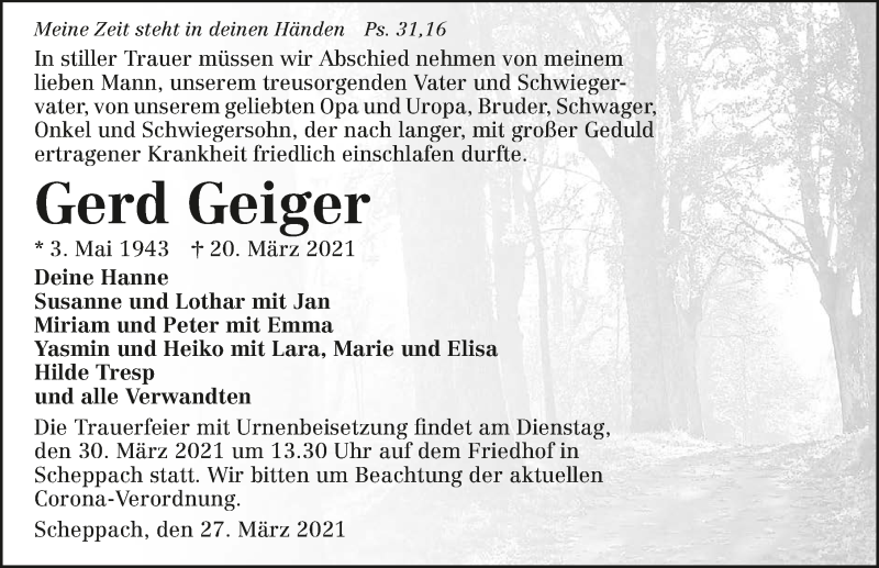  Traueranzeige für Gerd Geiger vom 27.03.2021 aus GESAMT