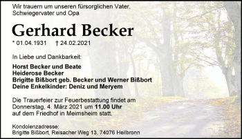 Traueranzeige von Gerhard Becker von GESAMT