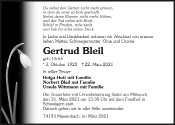 Traueranzeige von Gertrud Bleil von GESAMT