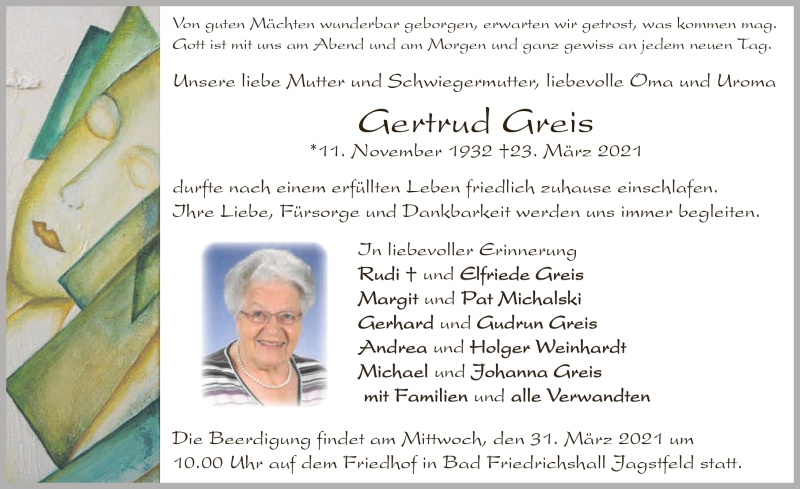  Traueranzeige für Gertrud Greis vom 27.03.2021 aus GESAMT