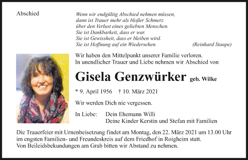  Traueranzeige für Gisela Genzwürker vom 18.03.2021 aus GESAMT