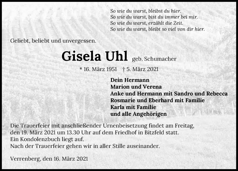  Traueranzeige für Gisela Uhl vom 16.03.2021 aus GESAMT