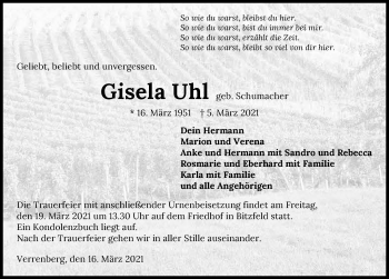 Traueranzeige von Gisela Uhl von GESAMT