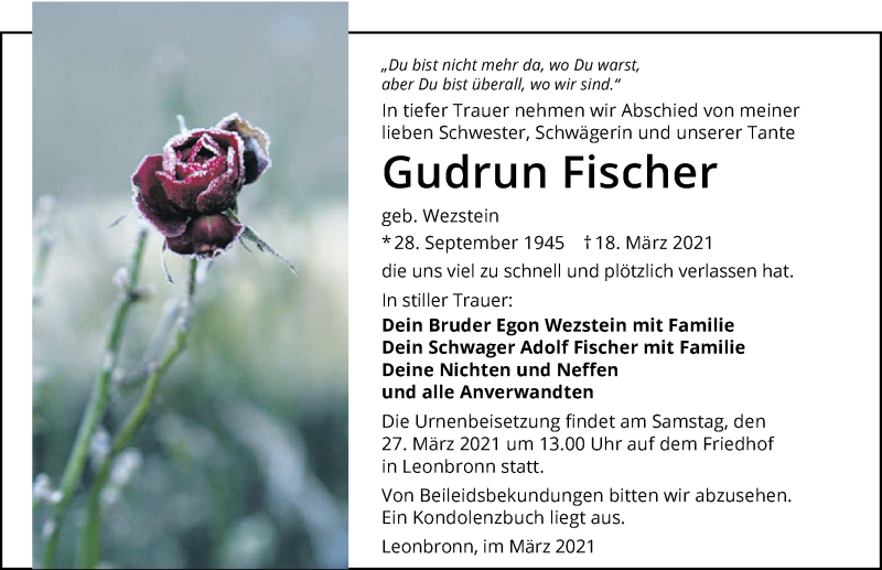  Traueranzeige für Gudrun Fischer vom 24.03.2021 aus GESAMT