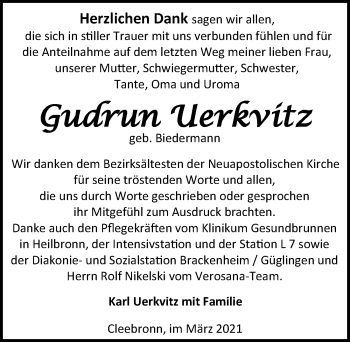 Traueranzeige von Gudrun Uerkvitz von GESAMT