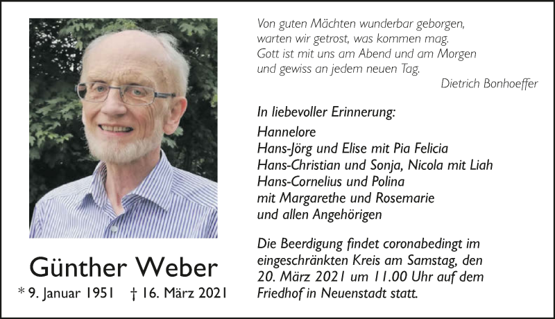  Traueranzeige für Günther Weber vom 19.03.2021 aus GESAMT