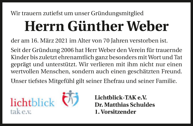 Traueranzeige für Günther Weber vom 19.03.2021 aus GESAMT