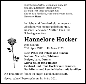 Traueranzeige von Hannelore Hocker von GESAMT
