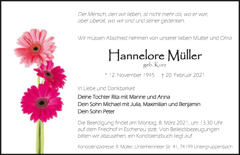  Traueranzeige für Hannelore Müller vom 02.03.2021 aus GESAMT