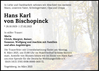Traueranzeige von Hans Karl von Bischopinck von GESAMT