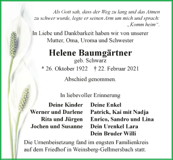 Traueranzeige von Helene Baumgärtner von GESAMT