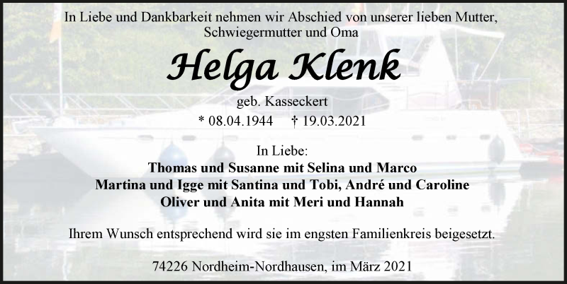  Traueranzeige für Helga Klenk vom 27.03.2021 aus GESAMT
