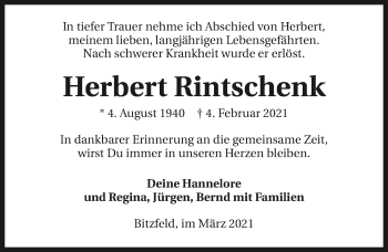Traueranzeige von Herbert Rintschenk von GESAMT