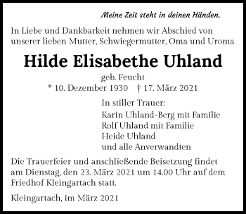 Traueranzeige von Hilde Elisabethe Uhland von GESAMT